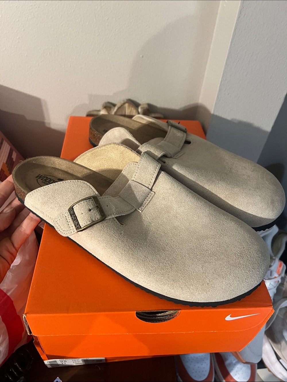 Men's Suede Slip-On Clog with Buckle in Light Beige